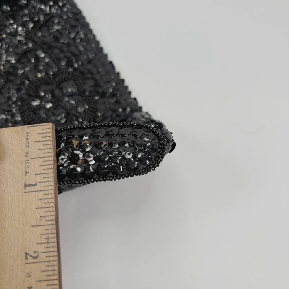 Vintage Women Cosmetic Bag Pouch Sequin Beaded Scalloped Edge Black Gatsby Glam